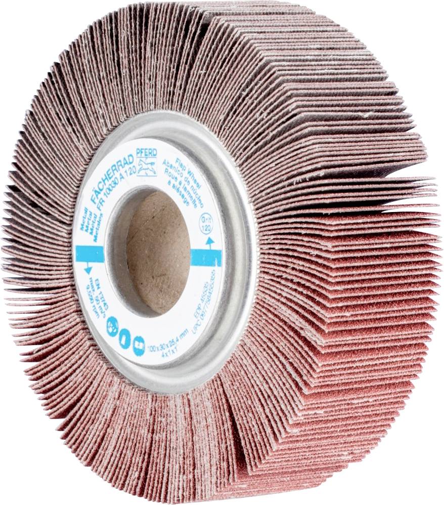 Brusný nástroj s lamelovou hlavicí a modrým středovým štítem. Používá se k vyhlazování povrchů.
