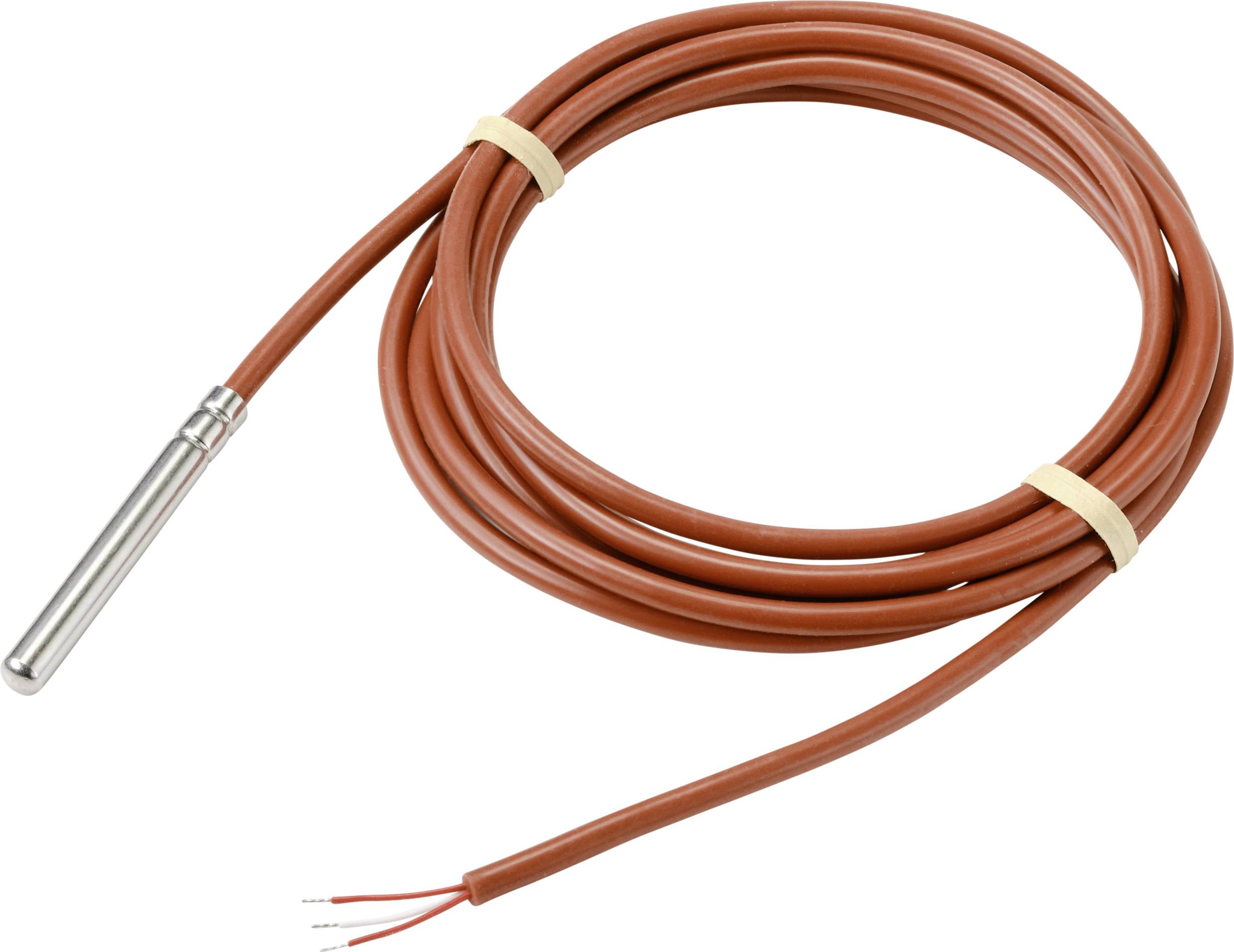 Červený kabel teplotního senzoru s kovovým snímačem a odkrytými konci drátu připravený k instalaci.