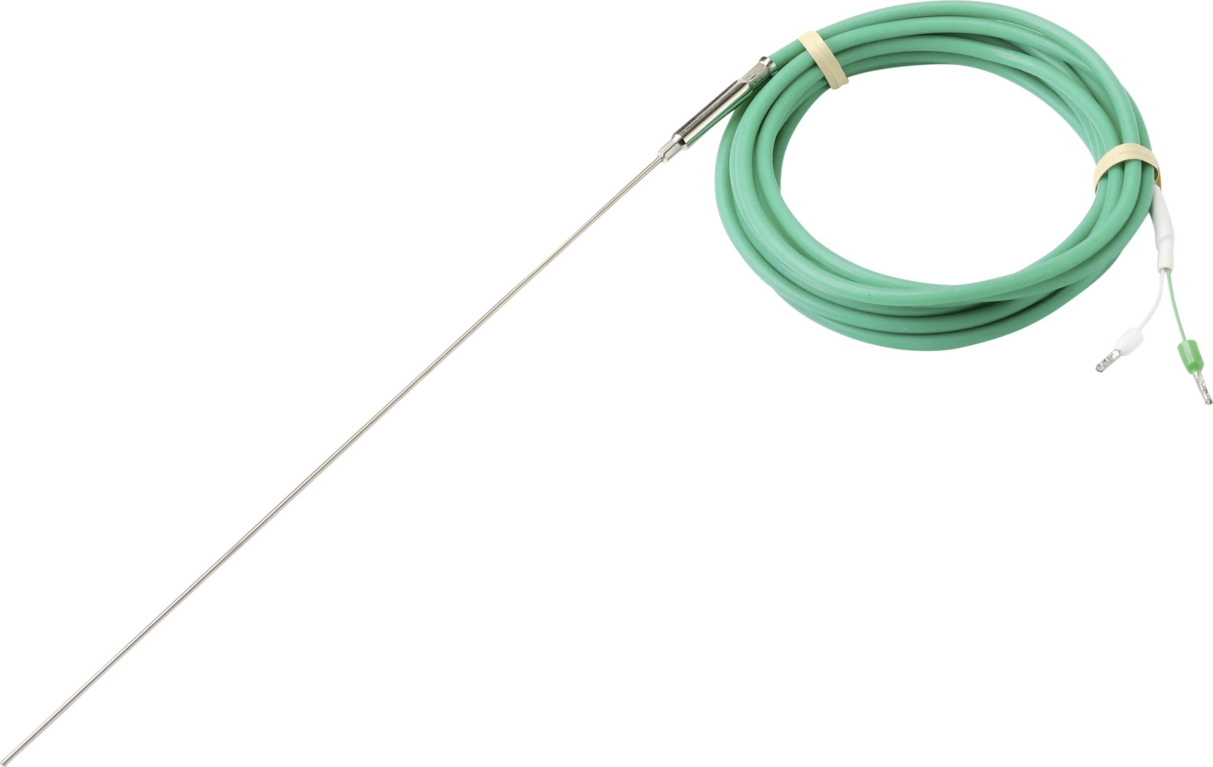 Zelený měřicí kabel s kovovým snímačem a izolovaným vodičem, navinutý a zajištěný stahovacími páskami.