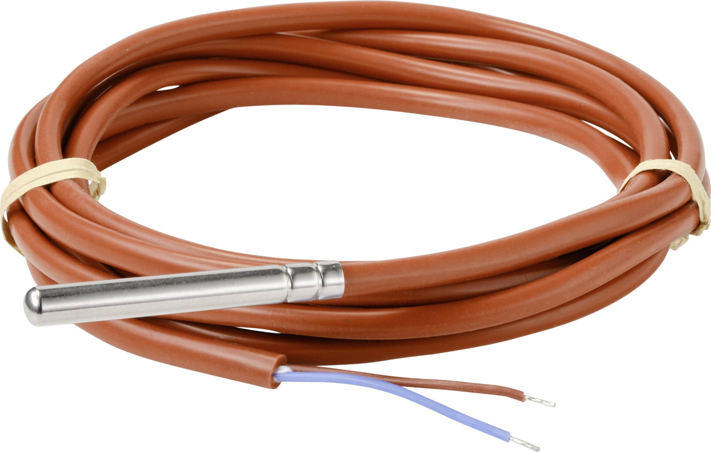 Dlouhý červený kabel s kovovým konektorem a dvěma volně visícími vodiči na konci. Mohl by být použit pro elektrické připojení.