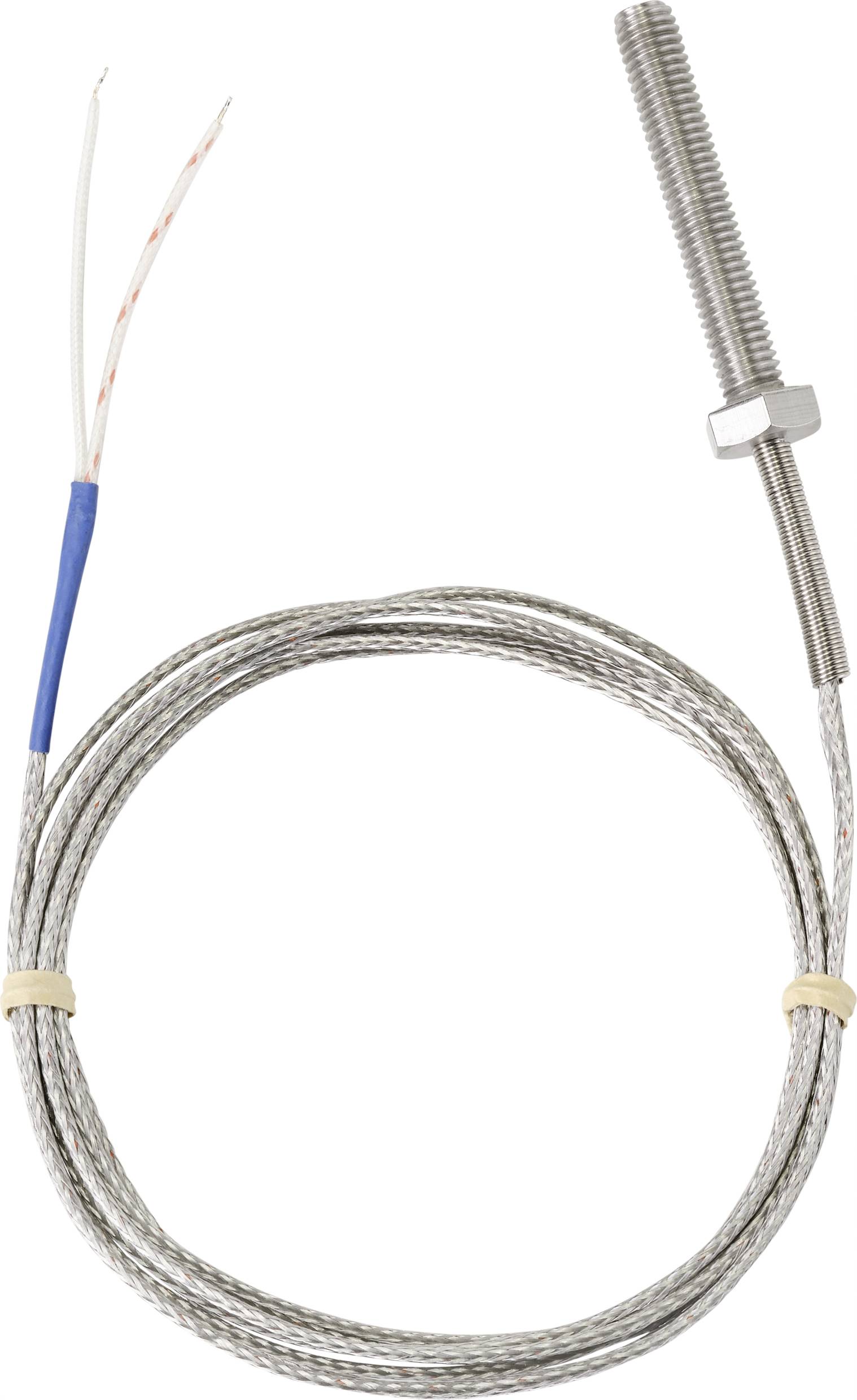 Kroucený kabel s odhaleným vedením na jednom konci a kovovým šroubovým konektorem na straně druhé, pravděpodobně se jedná o senzor.