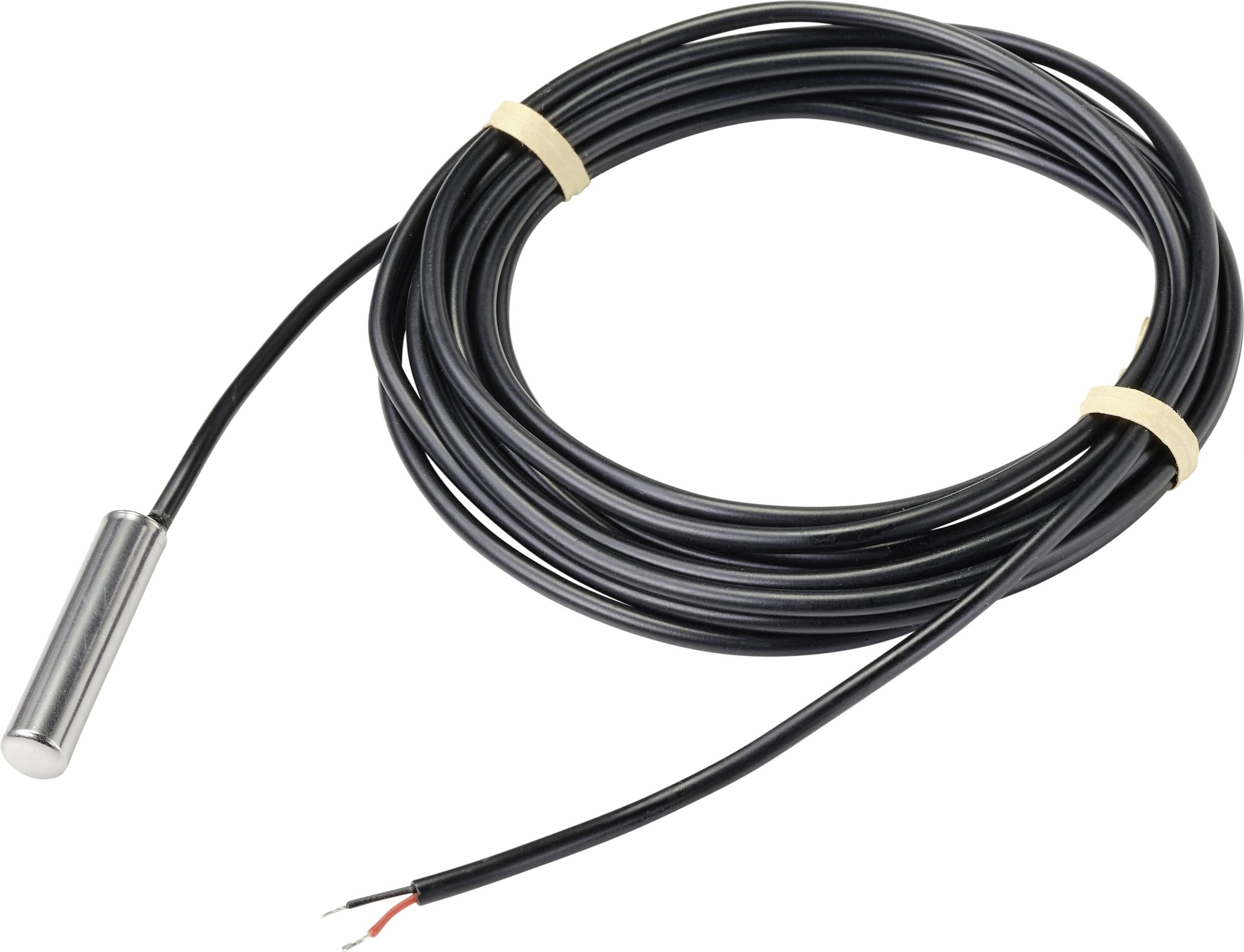 Černý kabel zakončený válcovitým kovovým senzorem, pod nímž jsou odizolované vodiče připravené k připojení.