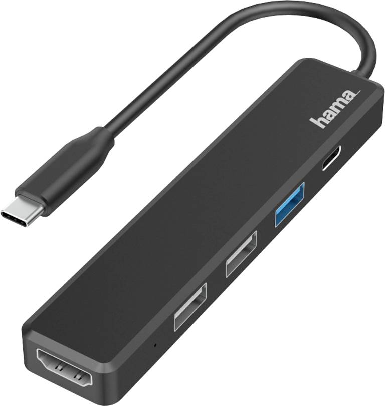 Černý USB-C hub se čtyřmi porty: HDMI, USB 3.0, dva USB 2.0 a USB-C. Značka 'hama' na horní straně.
