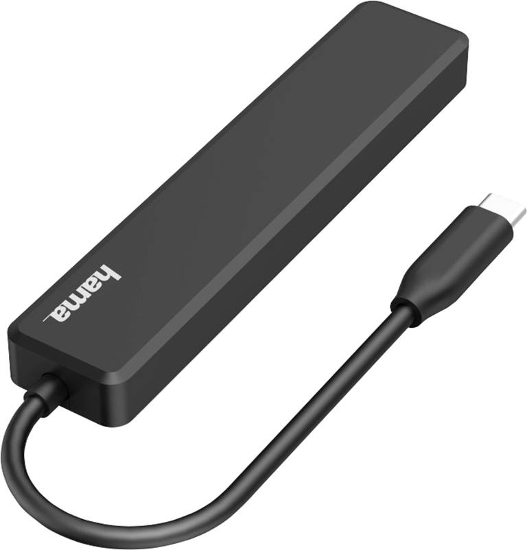 Černý USB-C hub od Hamy se čtyřmi porty, propojený krátkým flexibilním kabelem.