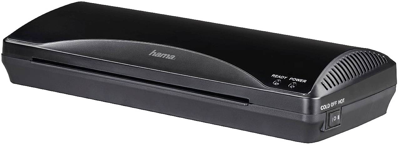 Černý laminátor s vypínačem vpředu. Na povrchu je viditelný název značky 'hama'. Vhodný pro laminování papíru.