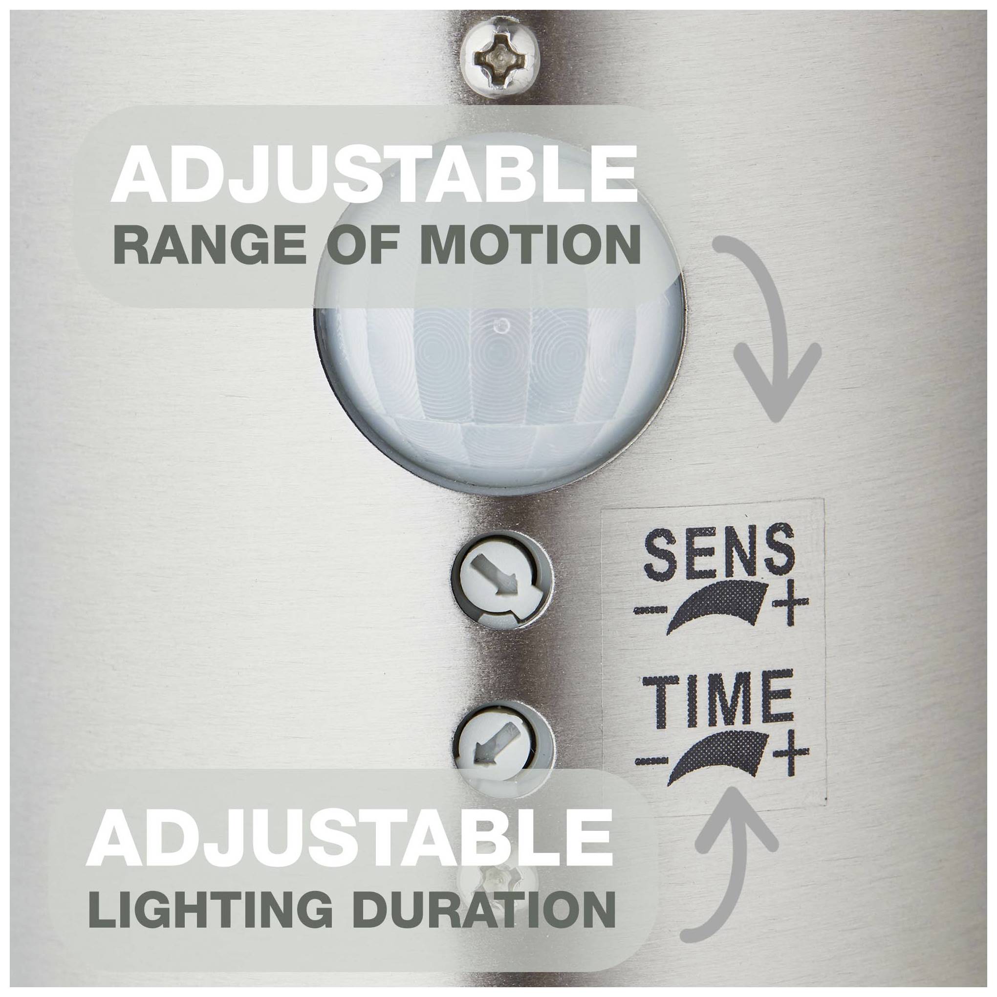 Pohybový senzor se dvěma nastavitelnými přepínači: 'SENS' pro nastavení citlivosti a 'TIME' pro nastavení času.