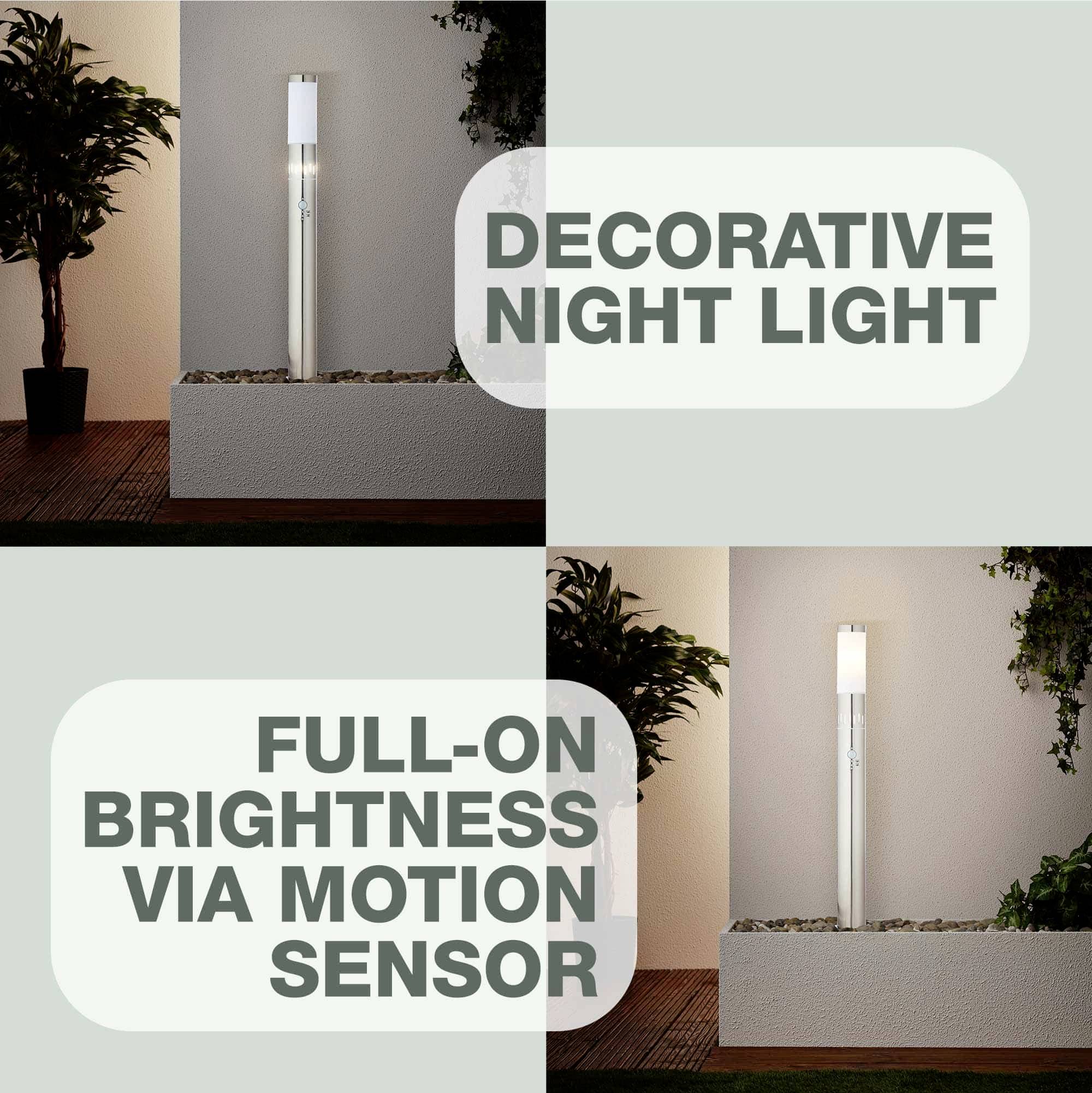 Dekorativní noční lampa s pohybovým senzorem pro automatické přizpůsobení jasu, umístěná vedle květináče.