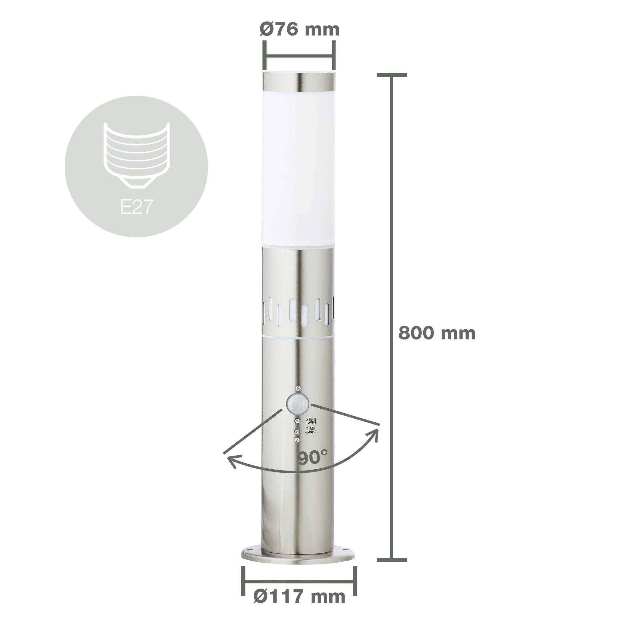 Stříbrná válcovitá lampa, 800 mm vysoká, průměr 117 mm. Nastavitelný úhel osvětlení 90°. Patice E27.
