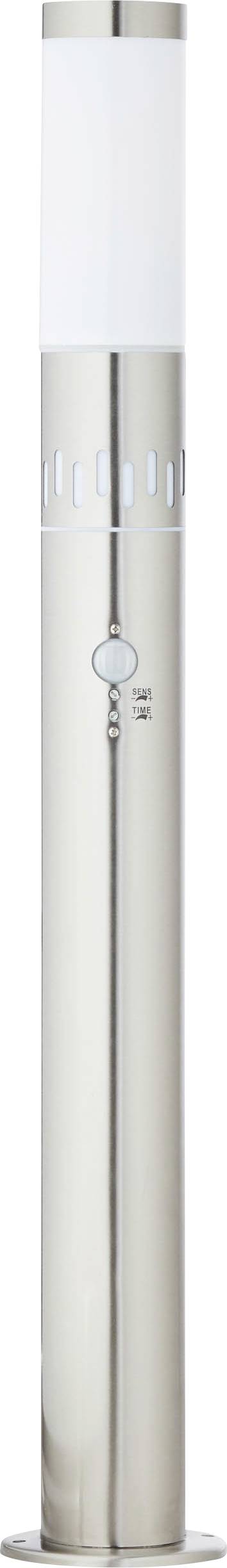 Stříbrná, válcovitá lampa s matným bílým horním dílem. Má kruhovou základnu a jednoduché, moderní designové prvky.