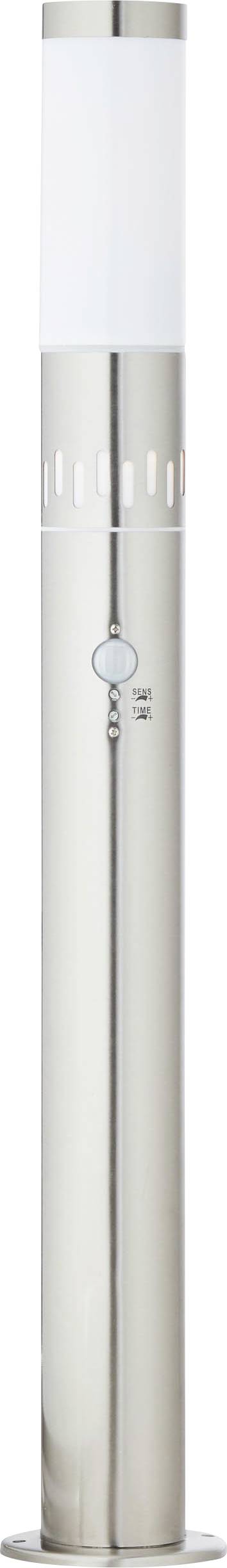 Stříbrná válcovitá lampa s bílou horní částí. Má moderní design a je určena pro venkovní použití.