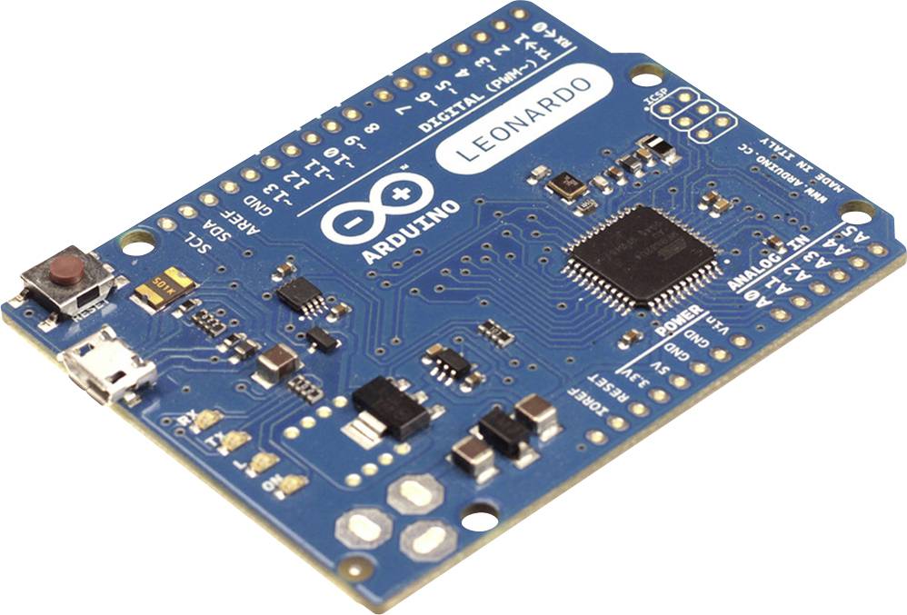 Arduino Leonardo mikrořadičová deska s modrou deskou plošných spojů, USB port vlevo. Nápis 'LEONARDO' a logo viditelné.