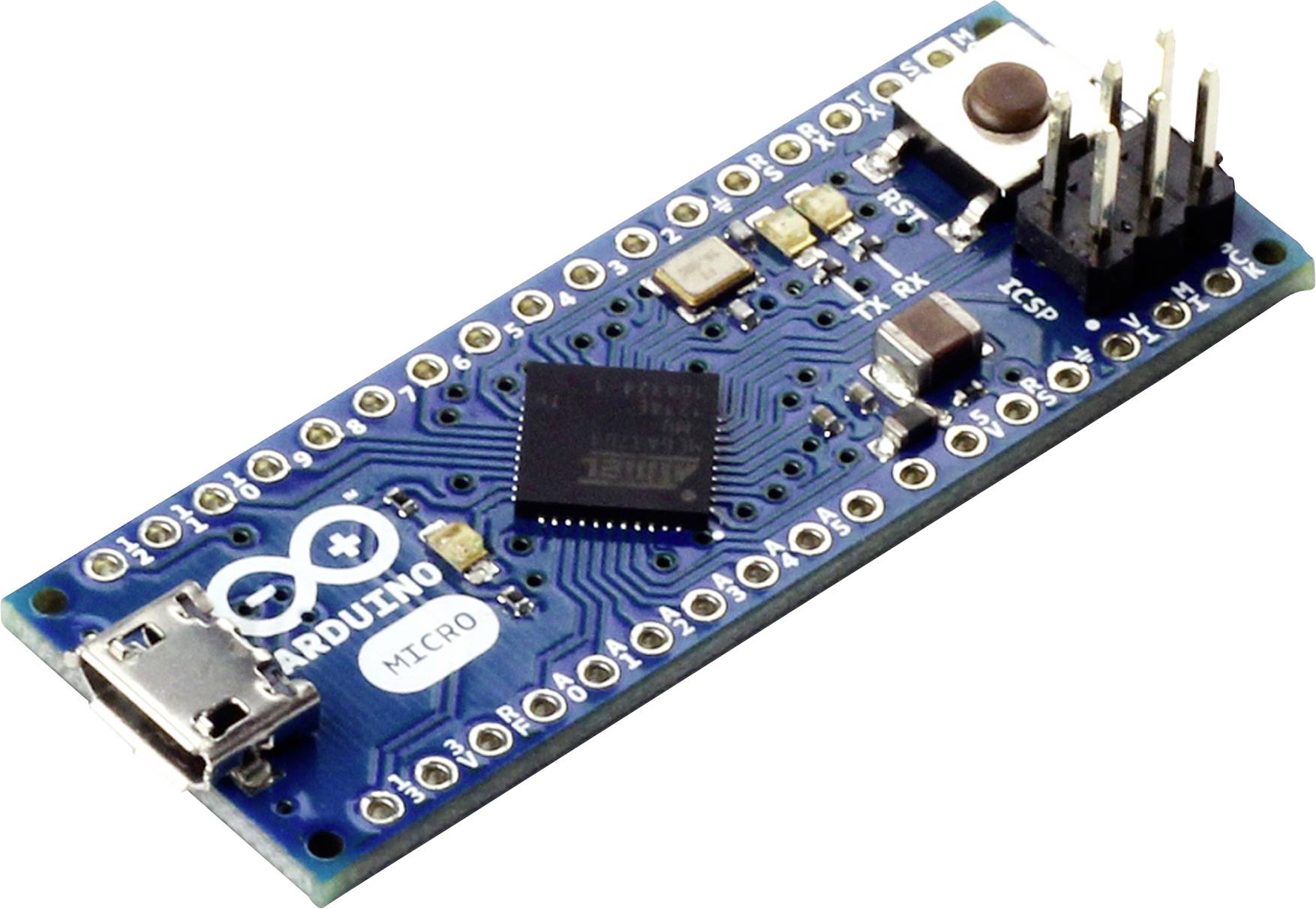 Vývojová deska Arduino Micro s USB konektorem, centrálním čipem a kolíkovými lištami pro prototypování.