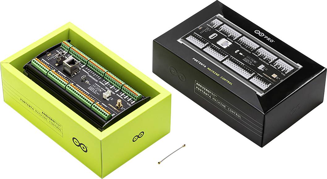 Deska 'Arduino' v zelené krabičce; vedle černá krabice s přehledem desky. Klíčová součást pro elektronické projekty.