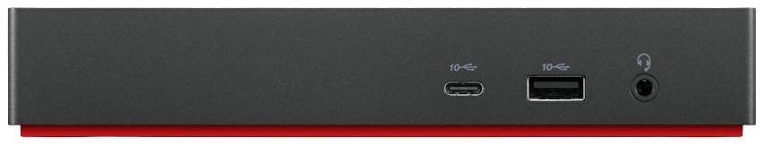 Černé elektronické zařízení s USB-C portem, USB-A portem a konektorem pro sluchátka vpředu.