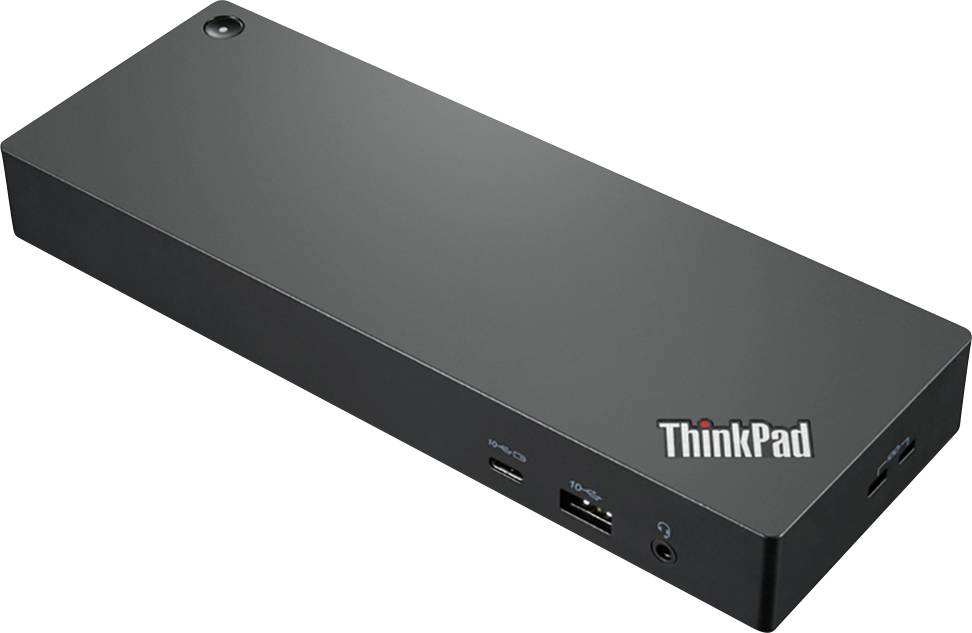 Černá dokovací stanice ThinkPad s několika připojovacími možnostmi, včetně USB-C, USB-A a HDMI. Ideální pro laptopy.