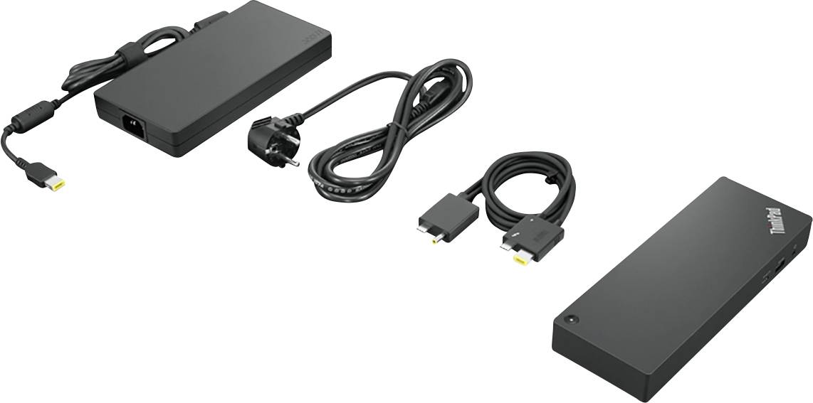 Dokovací stanice s napájecím kabelem, dvěma USB-C kabely a napájecím adaptérem. Vhodná pro připojení několika zařízení k notebooku.