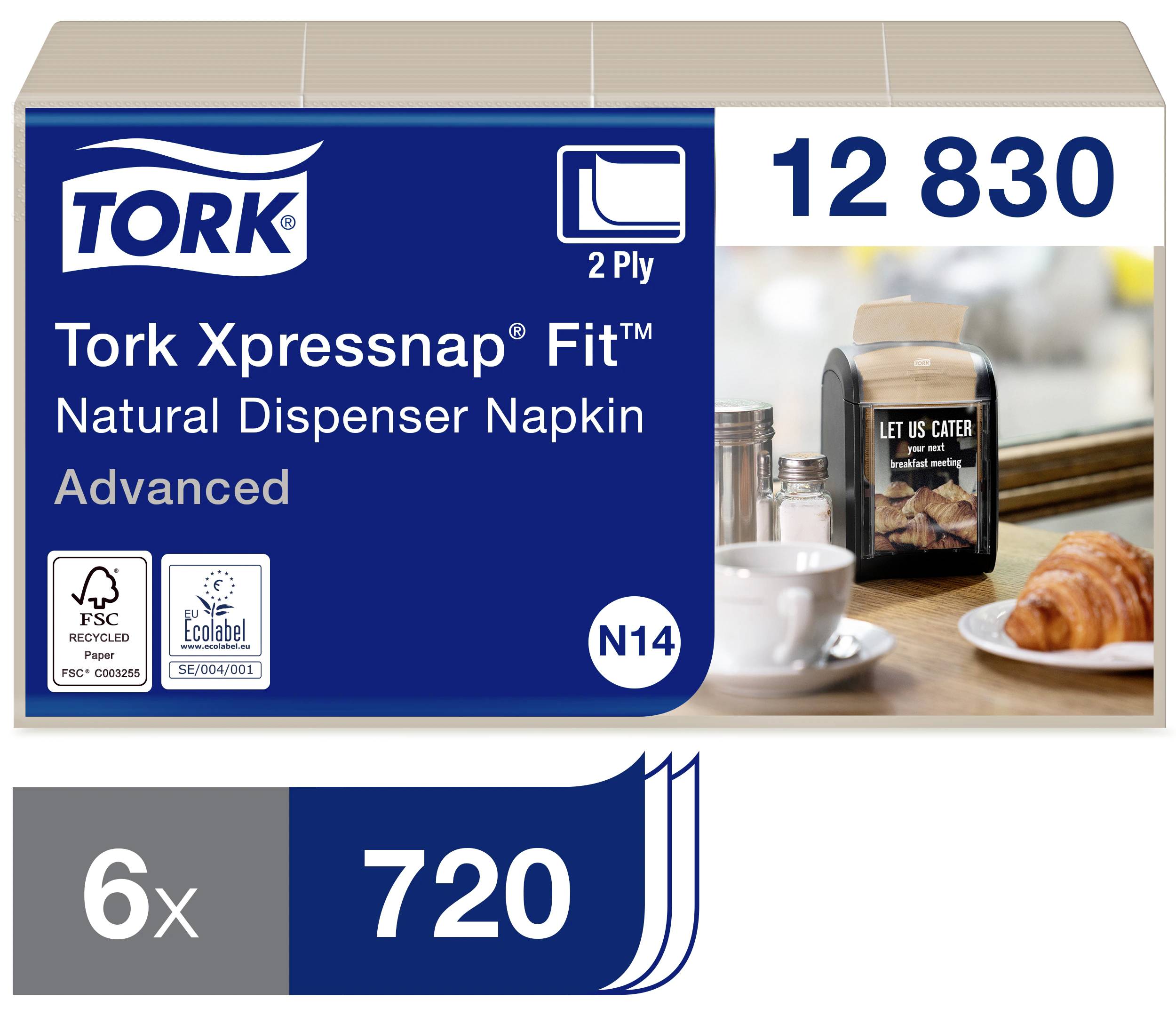 'Papírové ubrousky Tork Xpressnap Fit Natural Dispenser, 2-vrstvé, 12.830 kusů. Obrázek stolu s kávou a pečivem.'