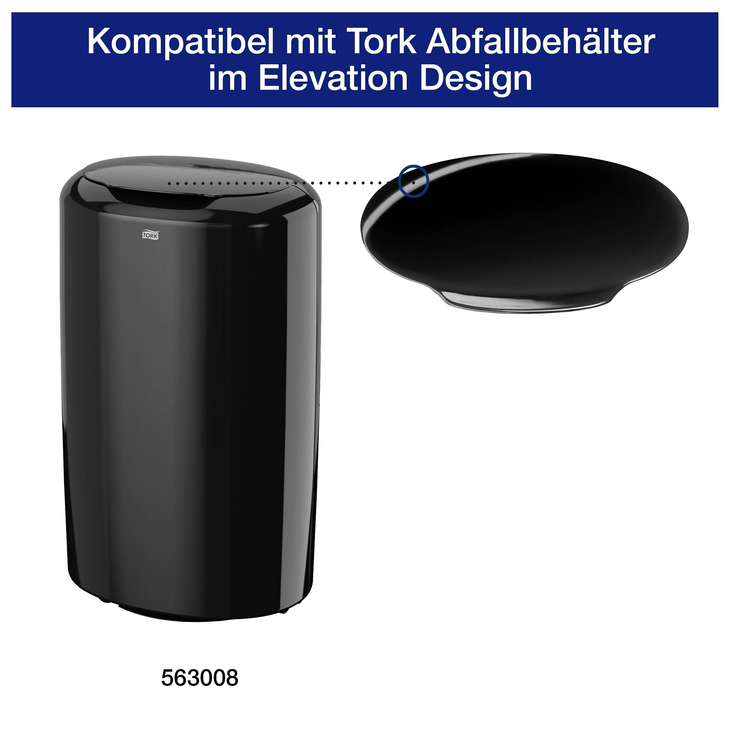 Odpadkový koš v černém designu s detailním motivem na víku. Text nahoře: „Kompatibilní s odpadkovými koši Tork v designu Elevation".