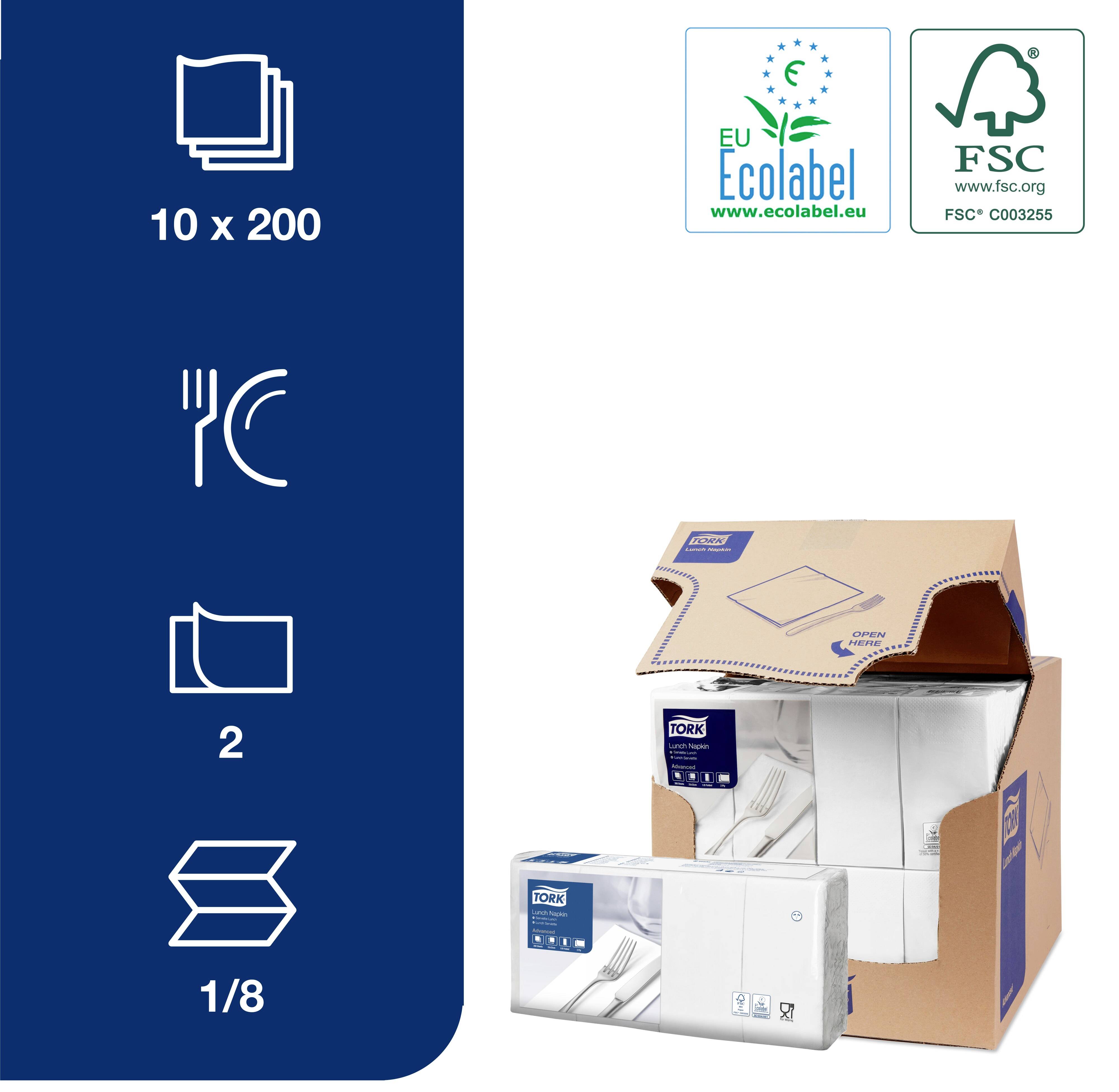 Papírové ručníky 10 x 200 kusů s certifikací EU Ecolabel a FSC, vyobrazené v kartonu s příslušnými symboly.