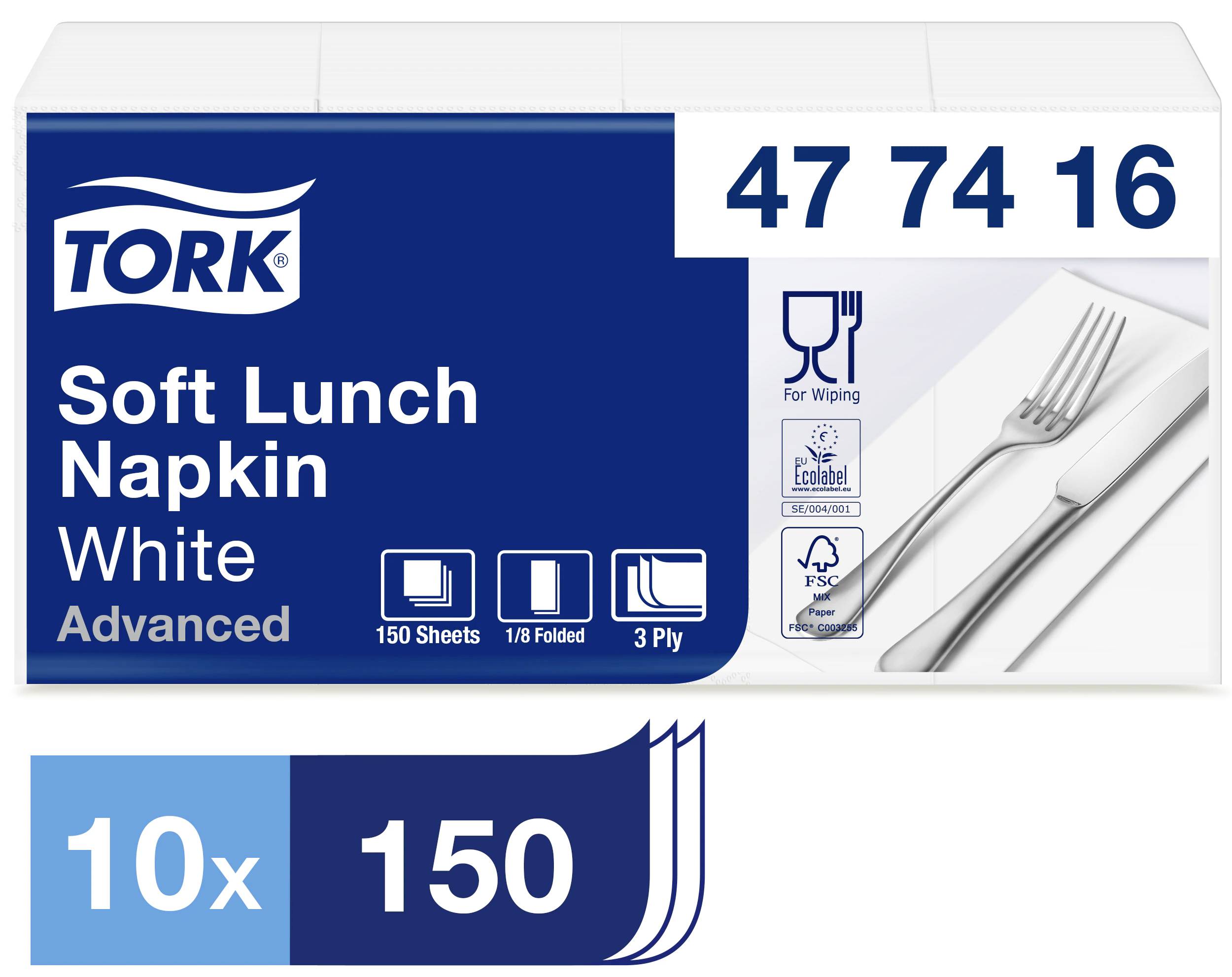 Papírové ubrousky 'Soft Lunch Napkin' od Torku, bílé, 150 kusů, 3-vrstvé. Obal zobrazuje složenou ubrousku s příborem. Produkt určený k jídlu.