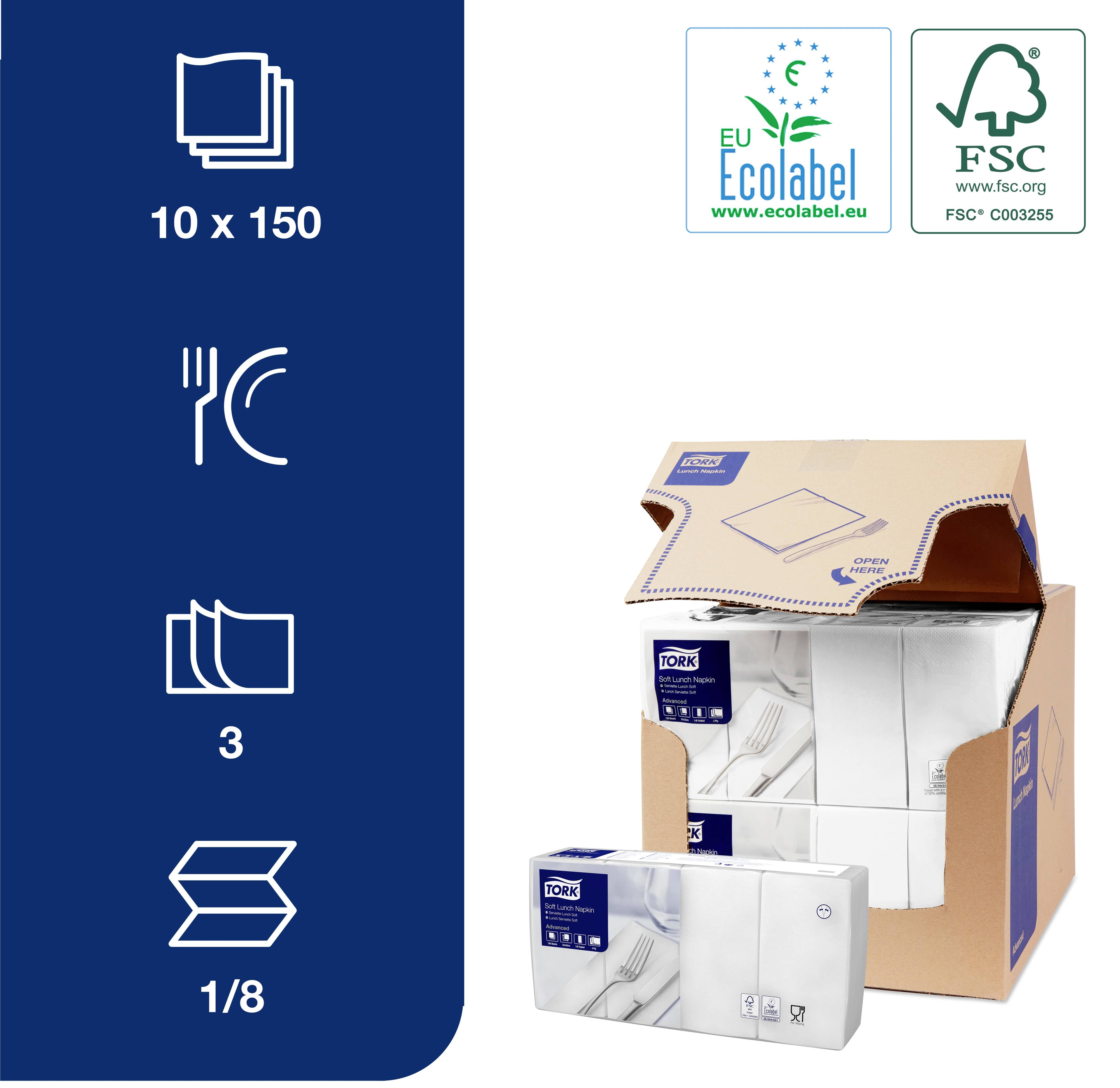 Balení bílých ubrousků, 100% recyklovaných, certifikovaných EU Ecolabel a FSC, 10 x 150 kusů, 3-vrstvé, složené na 1/8.