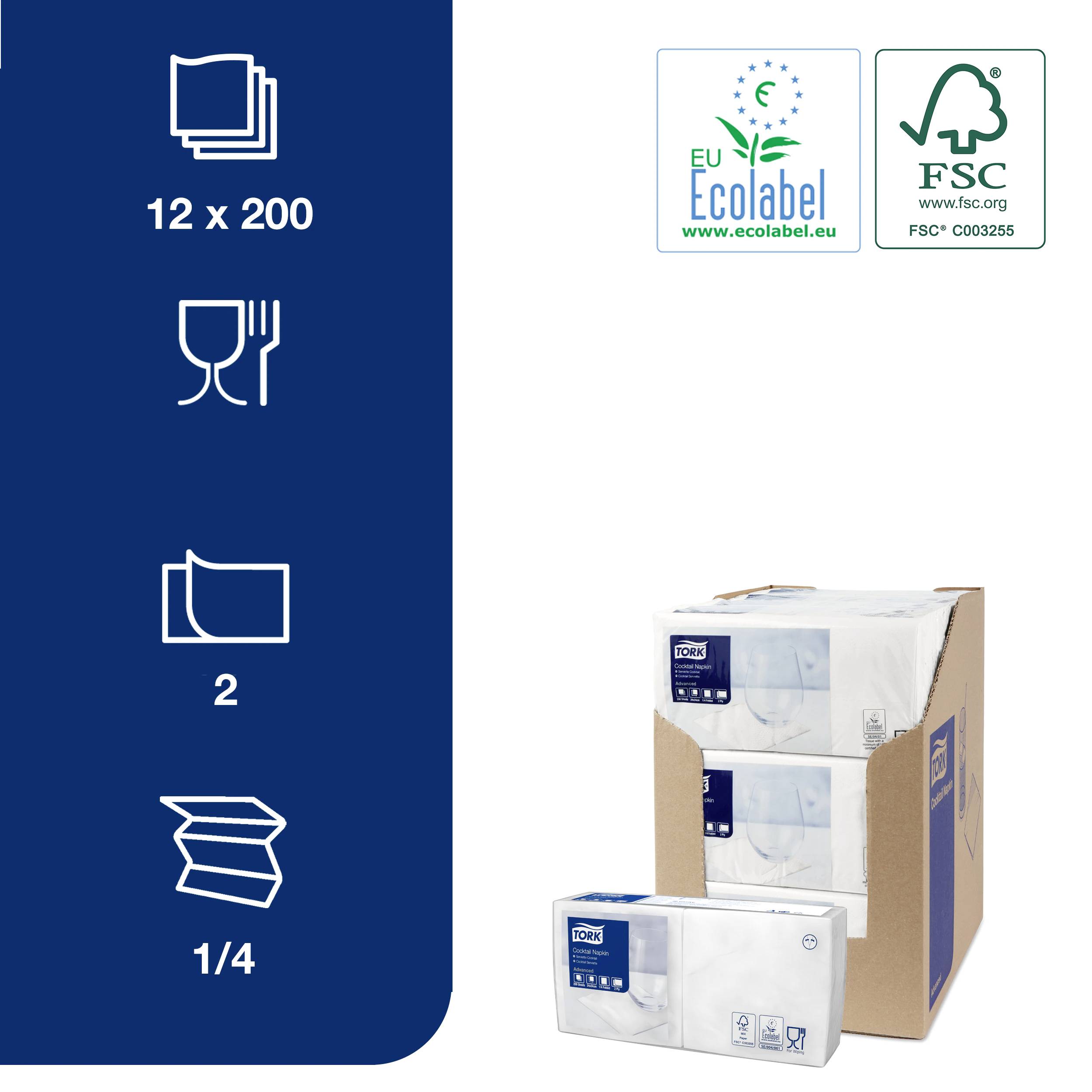 12 x 200 papírových ručníků s evropskou ekologickou značkou a certifikátem FSC. Přiložené symboly: šálky, 2-vrstvé, velikost rozloženého listu 1/4.