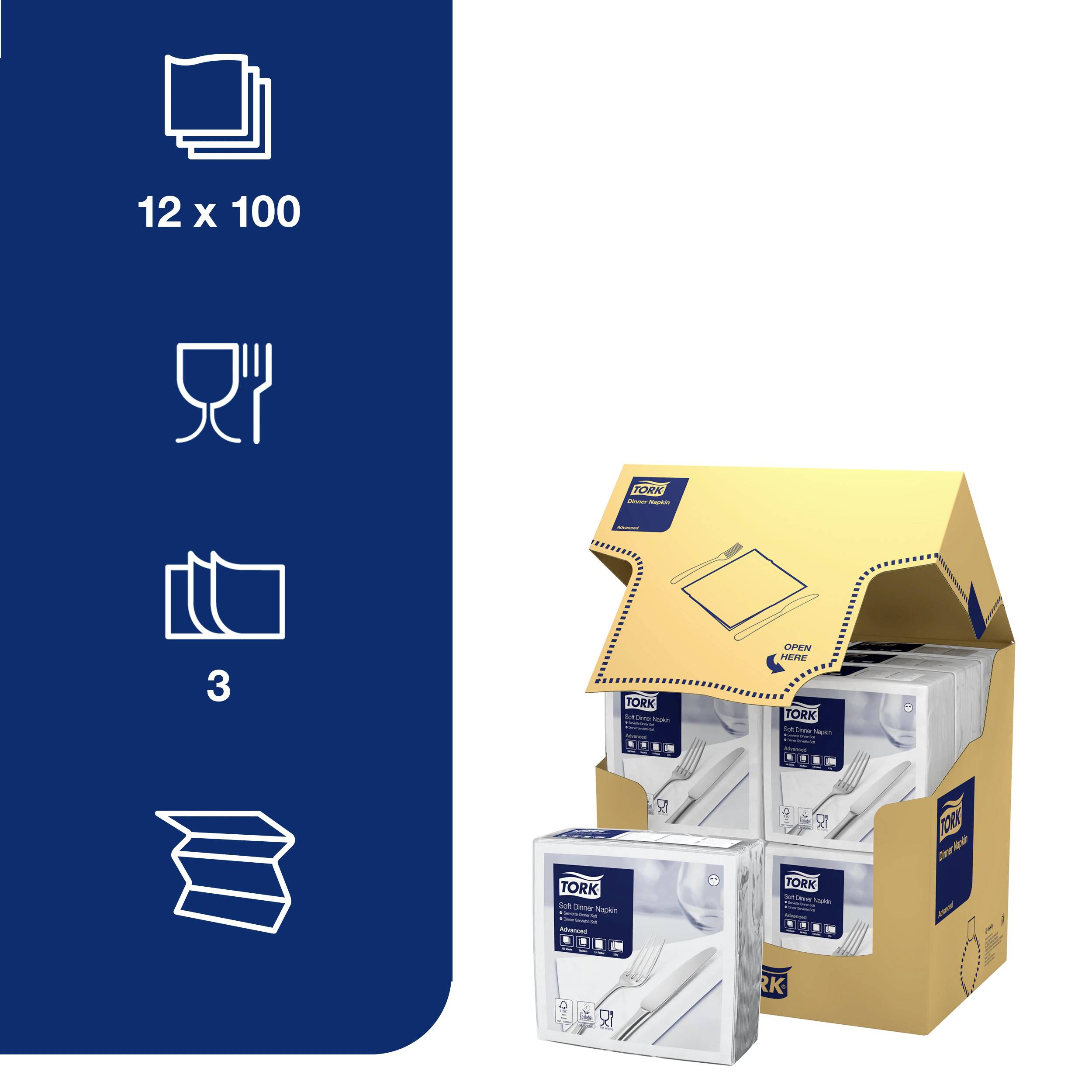 "12 x 100", "3" a symboly ubrousků. Je zobrazeno balení s několika balíčky bílých ubrousků Tork.