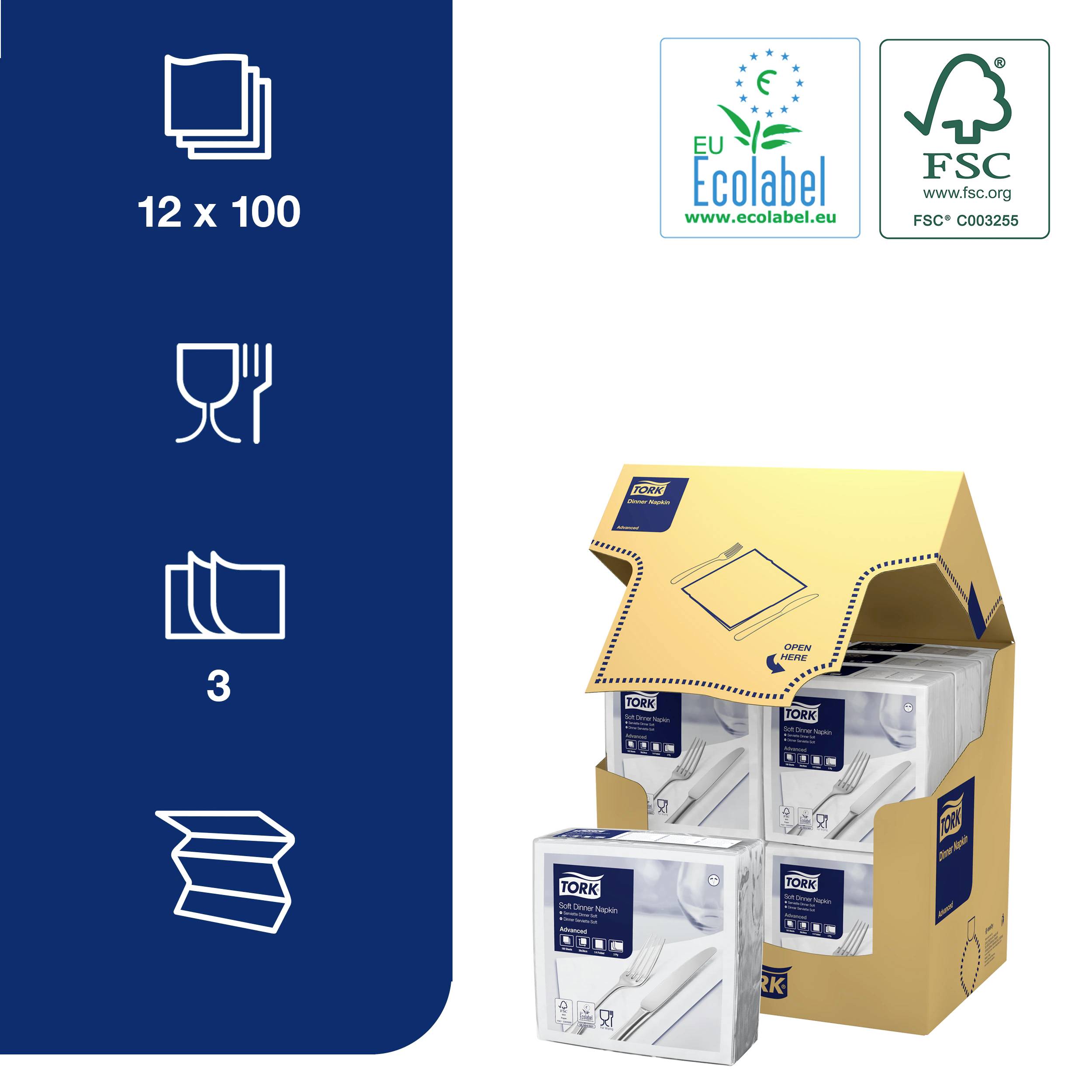 Balení ubrousků, 12 balení po 100 kusech. Certifikáty: EU Ecolabel a FSC. Znázornění otevřené krabice s balíčky.