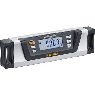 Digitální úhloměr s LCD displejem zobrazuje '90,00°'. Obsahuje tlačítka pro kalibraci, referenci a funkci podržení. Značka: Laserliner.