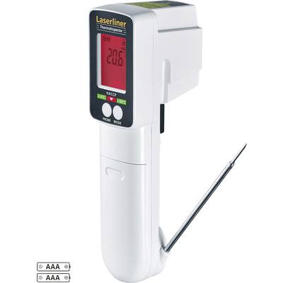 Laserový teploměr Laserliner Thermospotter s výsuvnou sondou zobrazuje 20,6°C na digitálním displeji. Napájený AAA bateriemi.