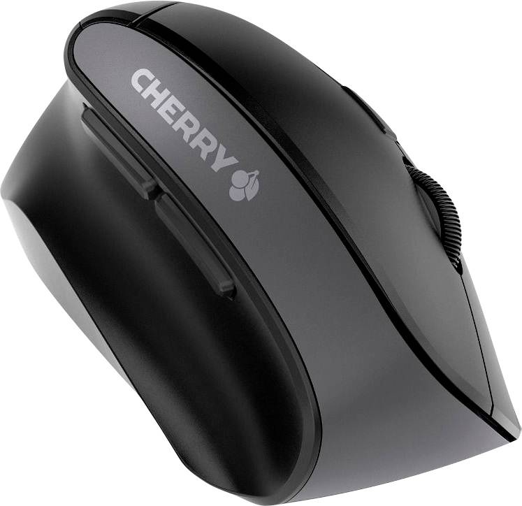 Ergonomická černá počítačová myš značky Cherry s dodatečným postranním tlačítkem pro zvýšený uživatelský komfort.