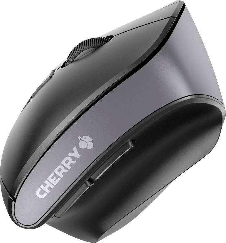 Černá bezdrátová počítačová myš s ergonomickým designem a logem 'Cherry' na boku, vhodná pro kancelářské a domácí použití.