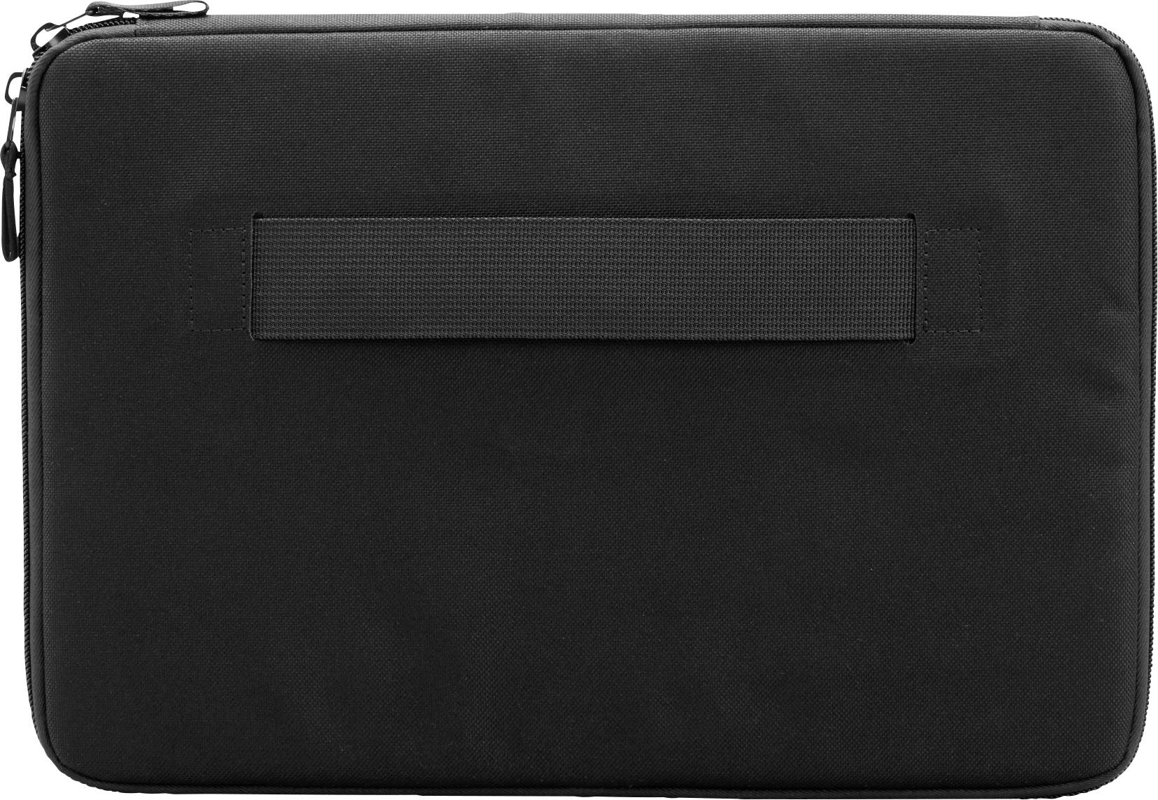 Černý obal na notebook se zipem a rukojetí na přední straně.