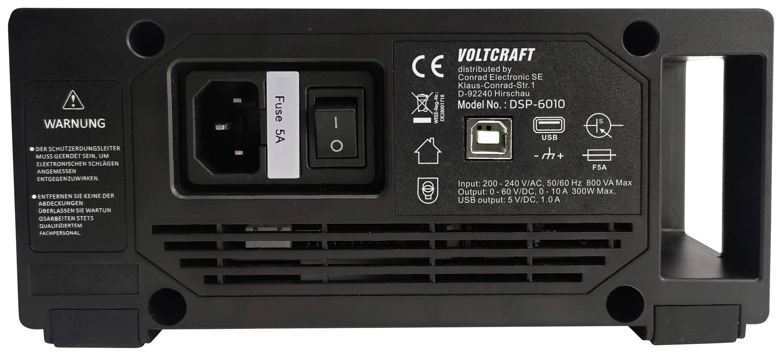 Zadní strana napájecího zdroje Voltcraft s vypínačem, USB portem, konektorem napájecího kabelu a pojistkou.