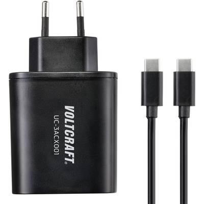 Černá nabíječka s USB-C kabelem, na přední straně opatřená nápisem 'VOLTCRAFT' a modelovým číslem 'UC-3ACx001'.