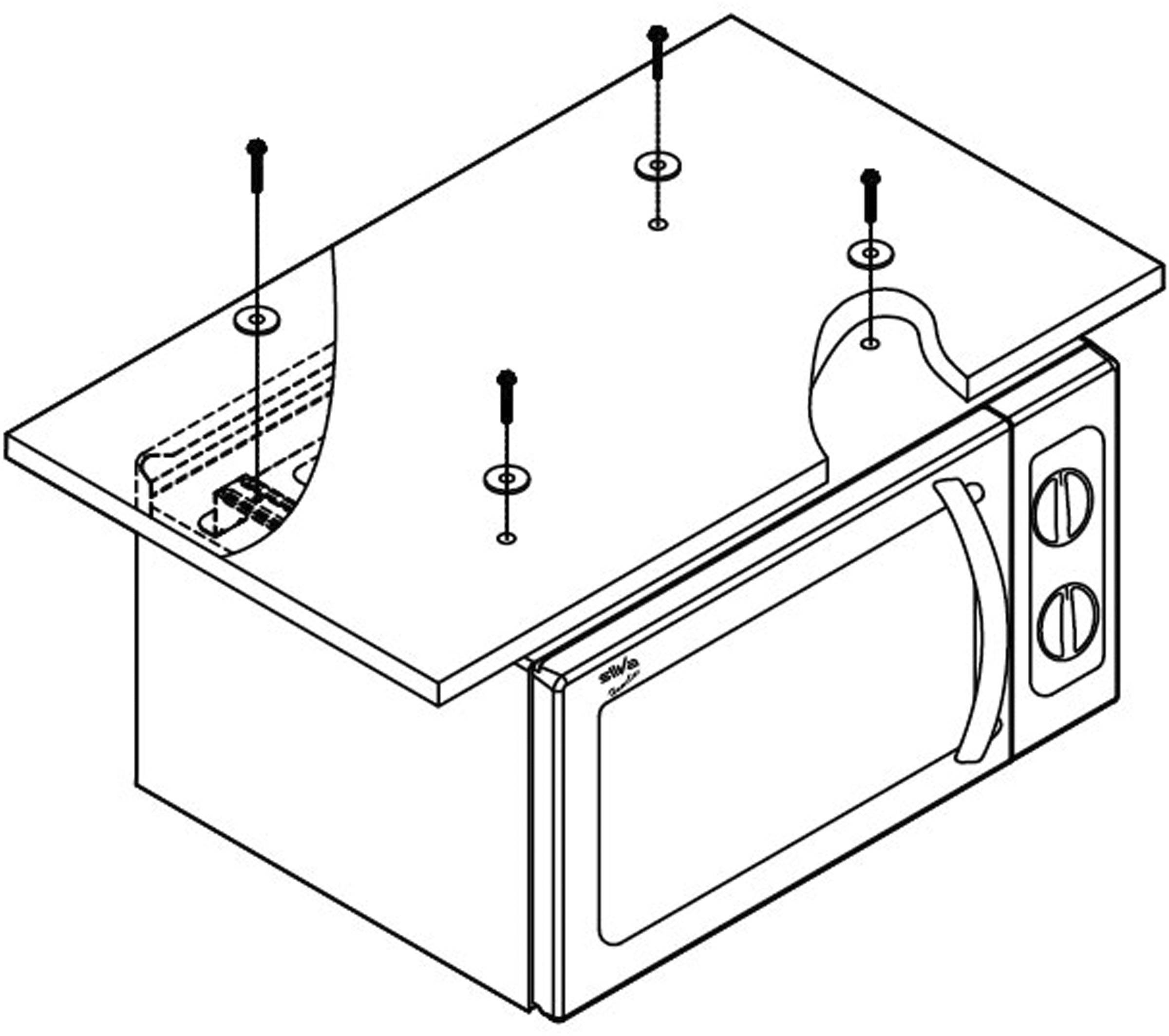 Diagram mikrovlnné trouby s odstraněným krytem, čtyři šrouby jsou viditelné pro upevnění skříně.