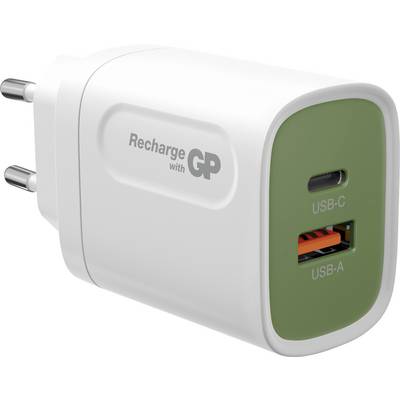 USB nabíječka se síťovou zástrčkou, s jedním USB-C a jedním USB-A portem. Označená nápisem 'Recharge with GP'.