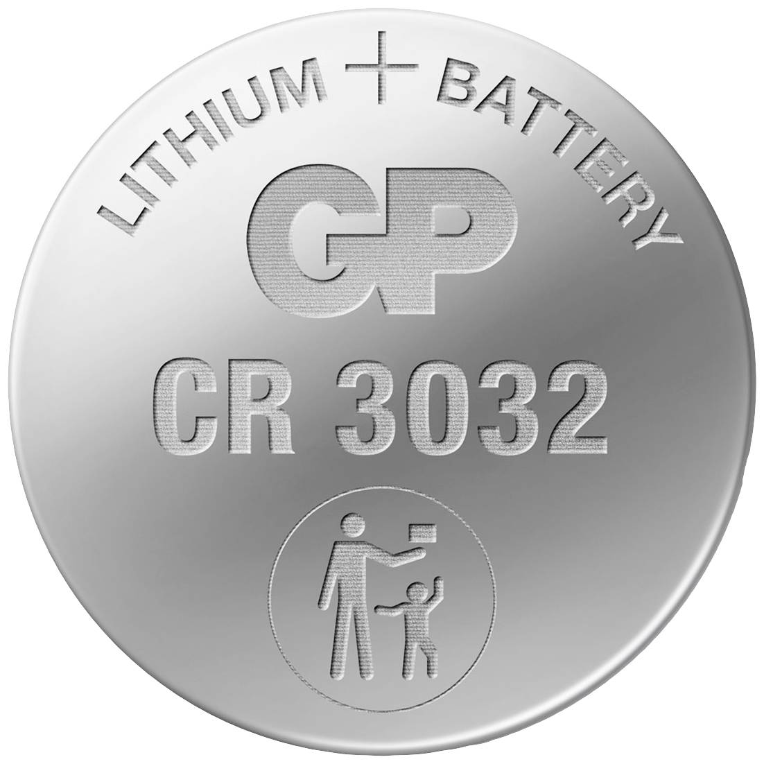 Stříbrná knoflíková baterie s nápisem „LITHIUM BATTERY", „GP" a „CR 3032" a bezpečnostní piktogramem dítěte a dospělého.