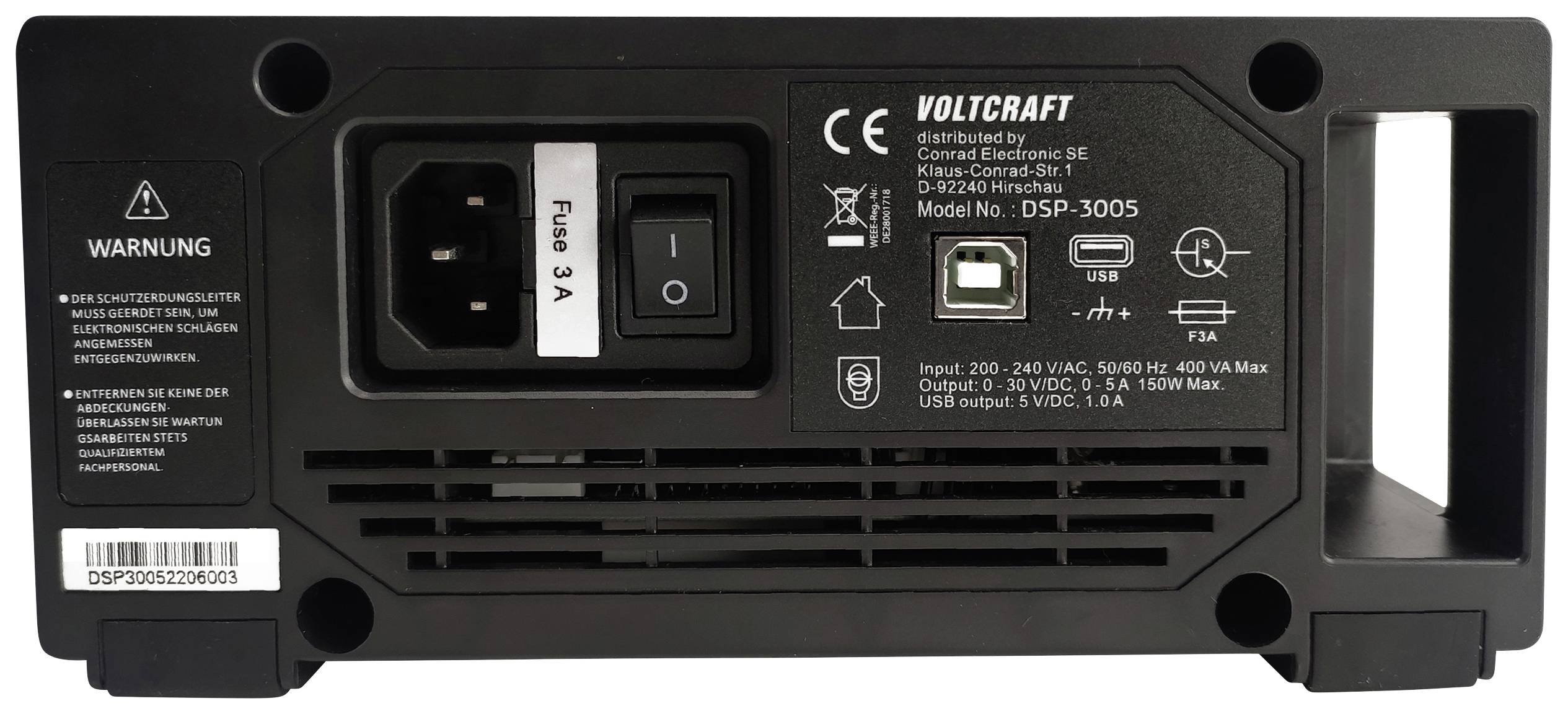 'Voltcraft DSP-3005', napájecí zdroj. Pohled zezadu ukazuje vypínač, pojistku, typový štítek a výstražnou zprávu v němčině.