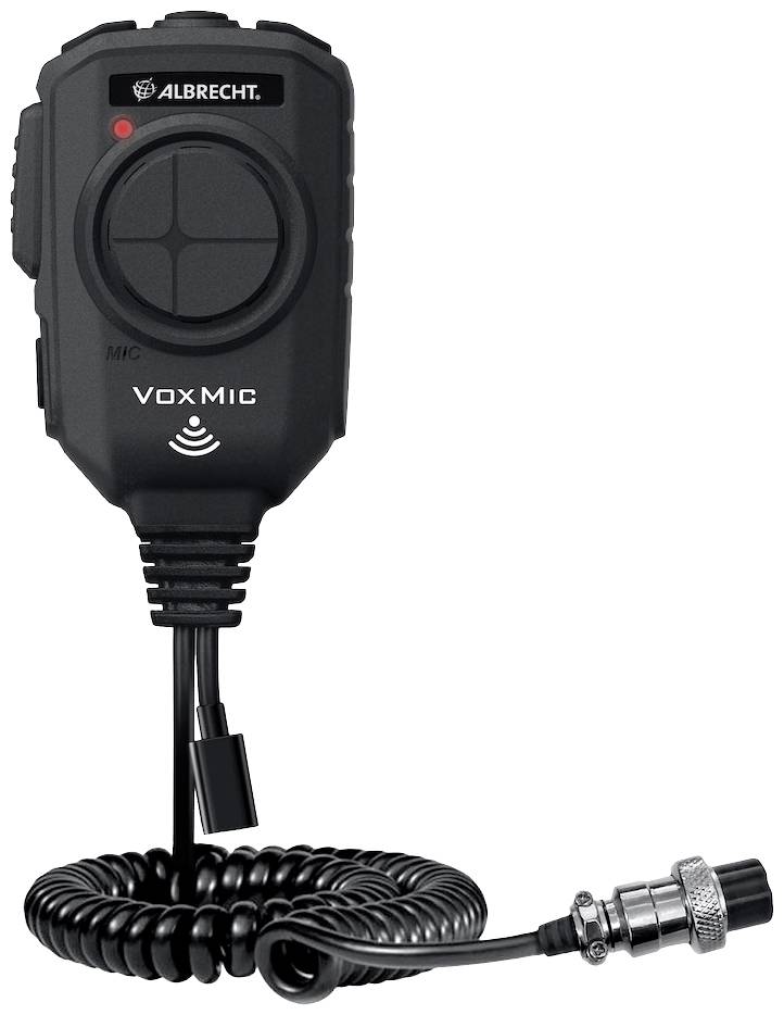 Černé zařízení VoxMic s kruhovitým spirálovým kabelem a konektorem, používané pro hands-free komunikaci ve vozidlech.