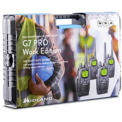 Sada vysílaček Midland G7 PRO Work Edition v odolném kufříku; obsahuje nabíjecí stanici, sluchátka s mikrofonem a baterie pro profesionální použití.