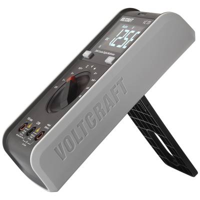 Digitální multimetr, lehce nakloněný, zobrazuje napěťovou hodnotu 12,3 V. Název značky 'Voltcraft' viditelný na boku.