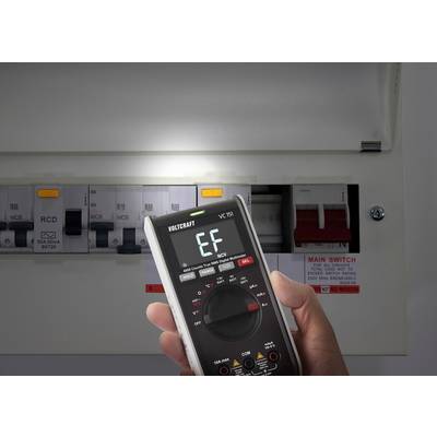 Jedna ruka drží digitální multimetr zobrazující 'EF' před otevřenou elektrickou rozvodnou skříní s jističi a hlavním vypínačem.