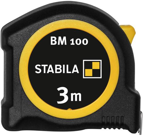 Černožlutý svinovací metr značky Stabila s nápisem 'BM 100' a '3 m'.