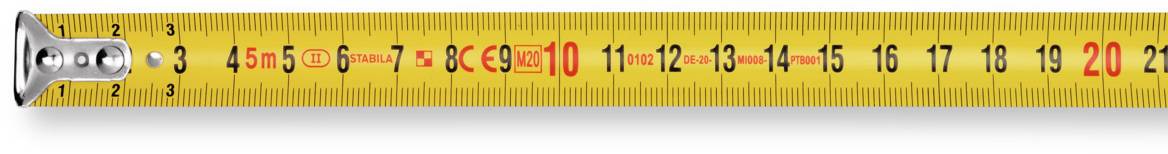 Žlutý měřicí metr se stupnicí v centimetrech a palcích, zobrazující čísla 1 až 20.