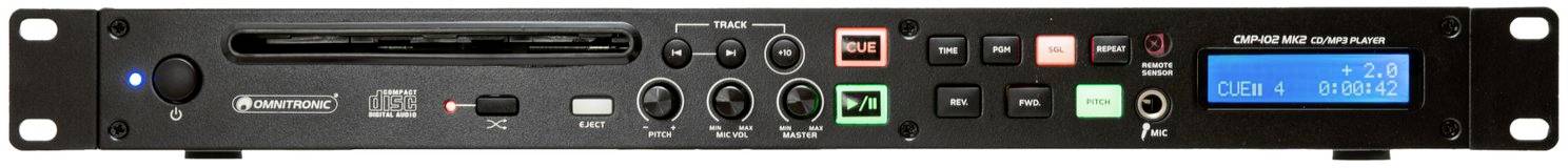 Audiopřístroj ve formátu racku s CD mechanikou, ovládacími prvky pro přehrávání a nahrávání a digitálním displejem na pravé straně.