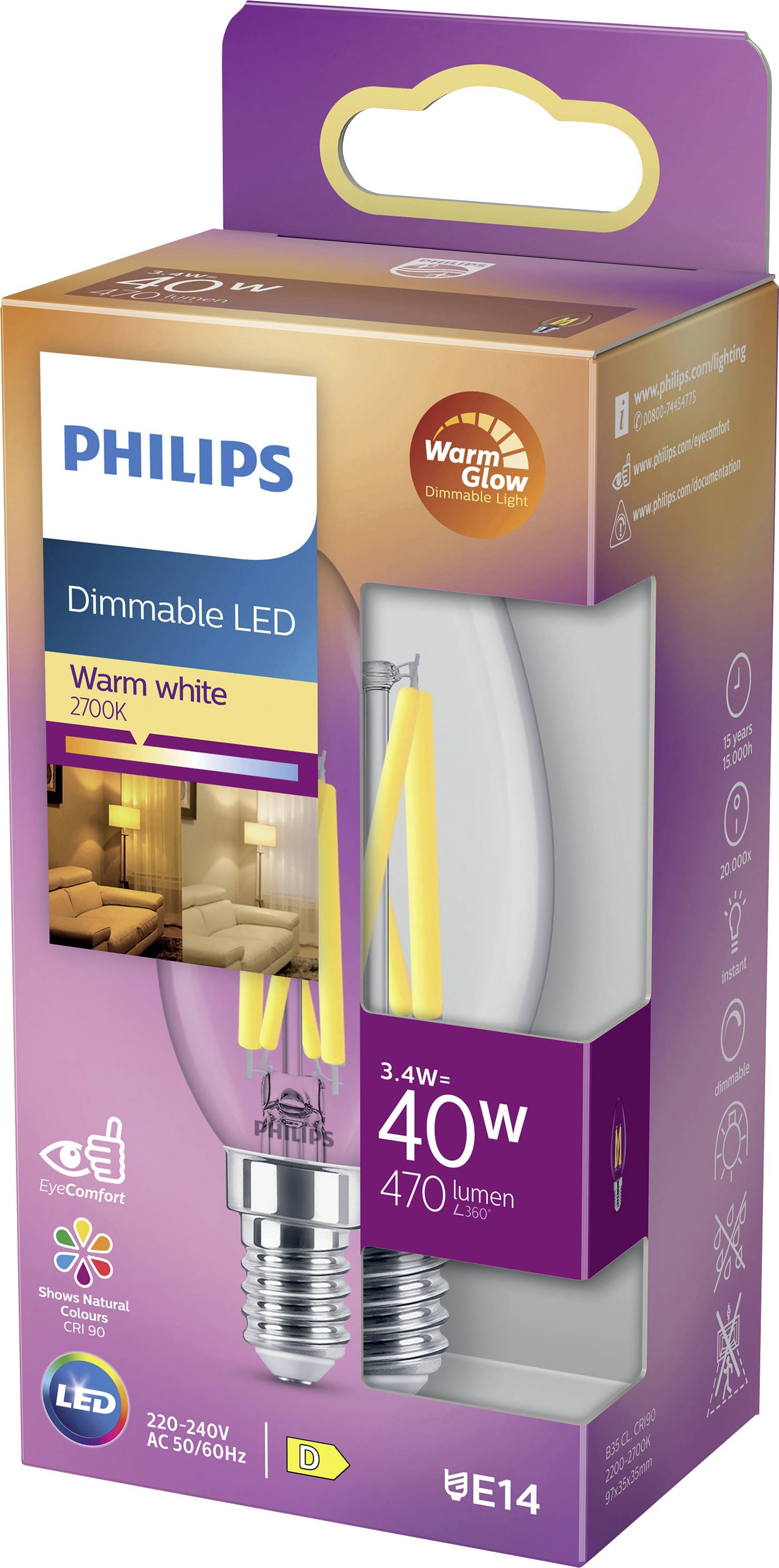 Halogenová žárovka Philips s údaji: 'Stmívatelná LED', 'Teplá bílá 2700K', '3,4W = 40W', 'E14', '470 lumenů'.