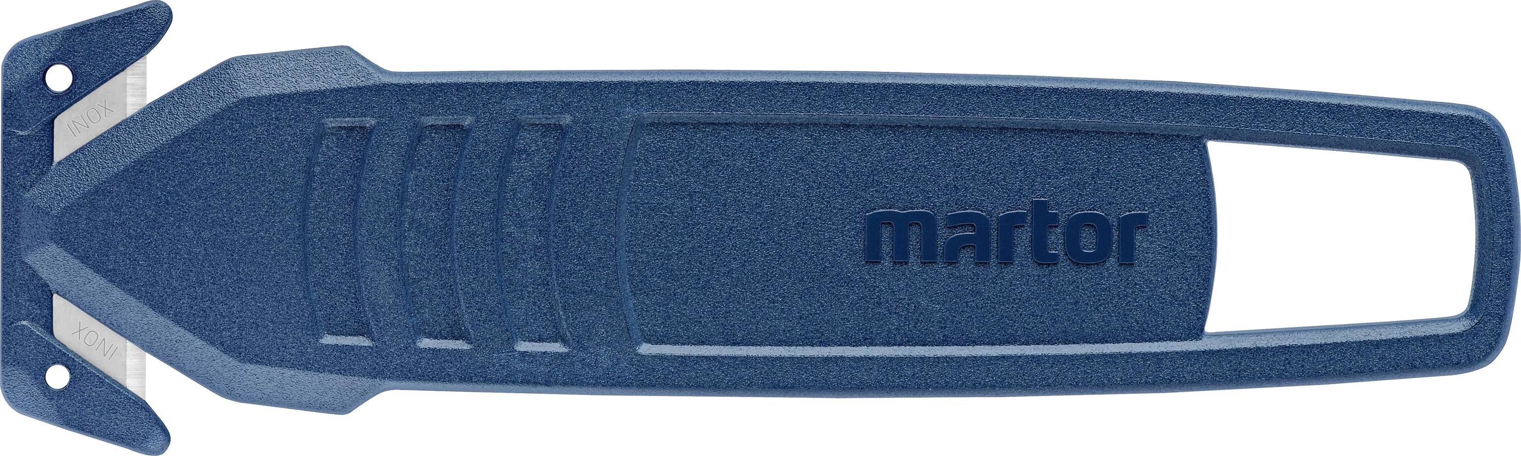 Modrý bezpečnostní kartonový řezák s ergonomickou rukojetí a chráněnou čepelí.
