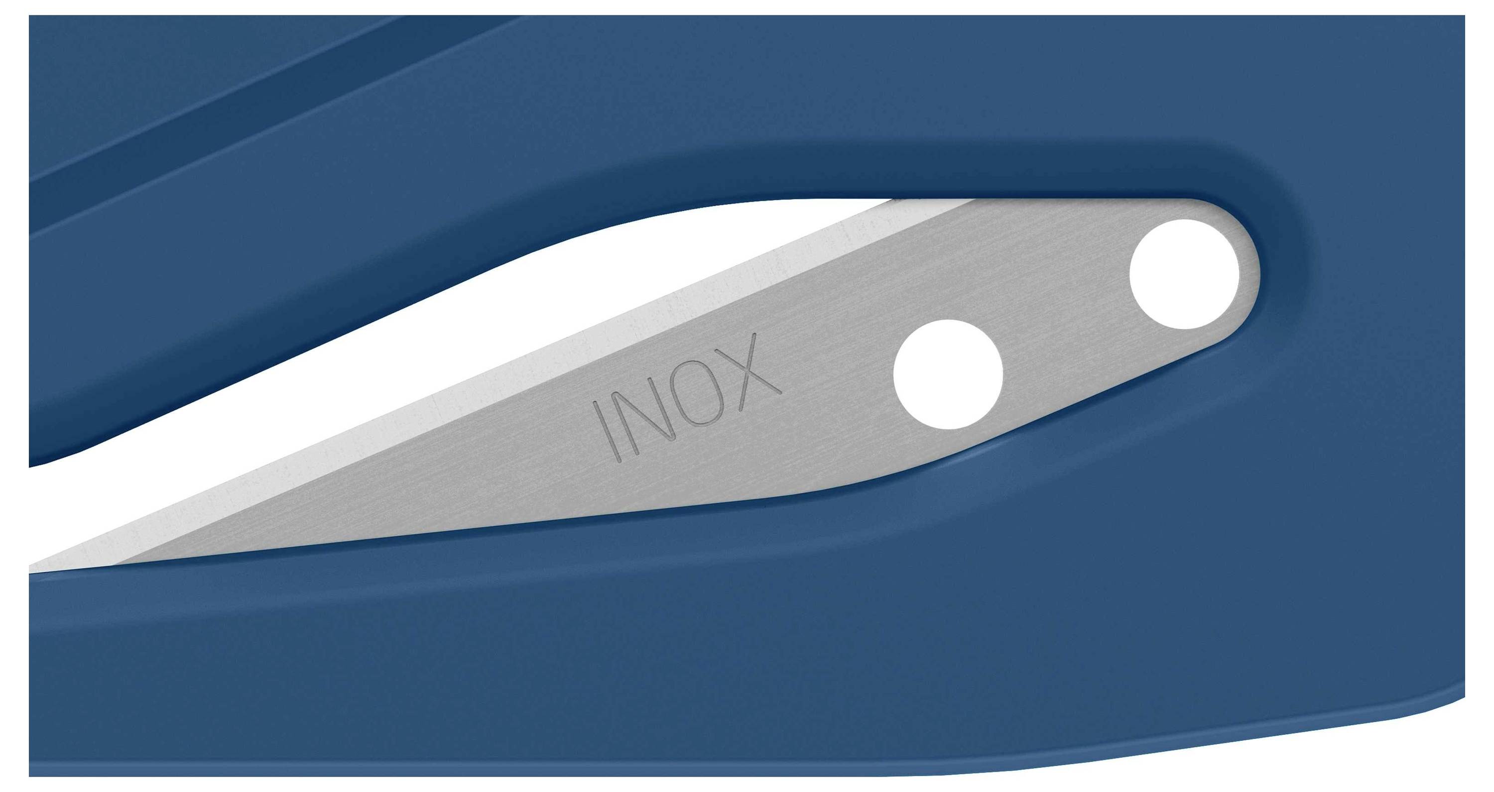 Obrázek modrého dopisu s stříbrnou čepelí označenou nápisem 'INOX' na bílém pozadí.