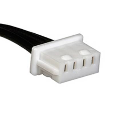 Plastový konektor se čtyřmi svorkami a černými vodiči, často používaný v malých elektronických zařízeních pro napájení.